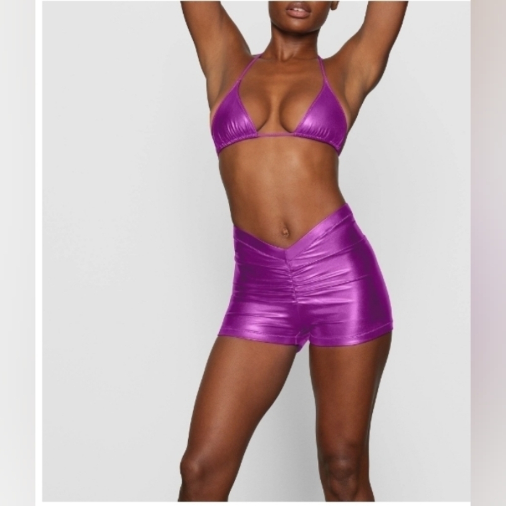 SKIMS Purple Metallic Triangle Bikini Top & High-Rise Shorts Set